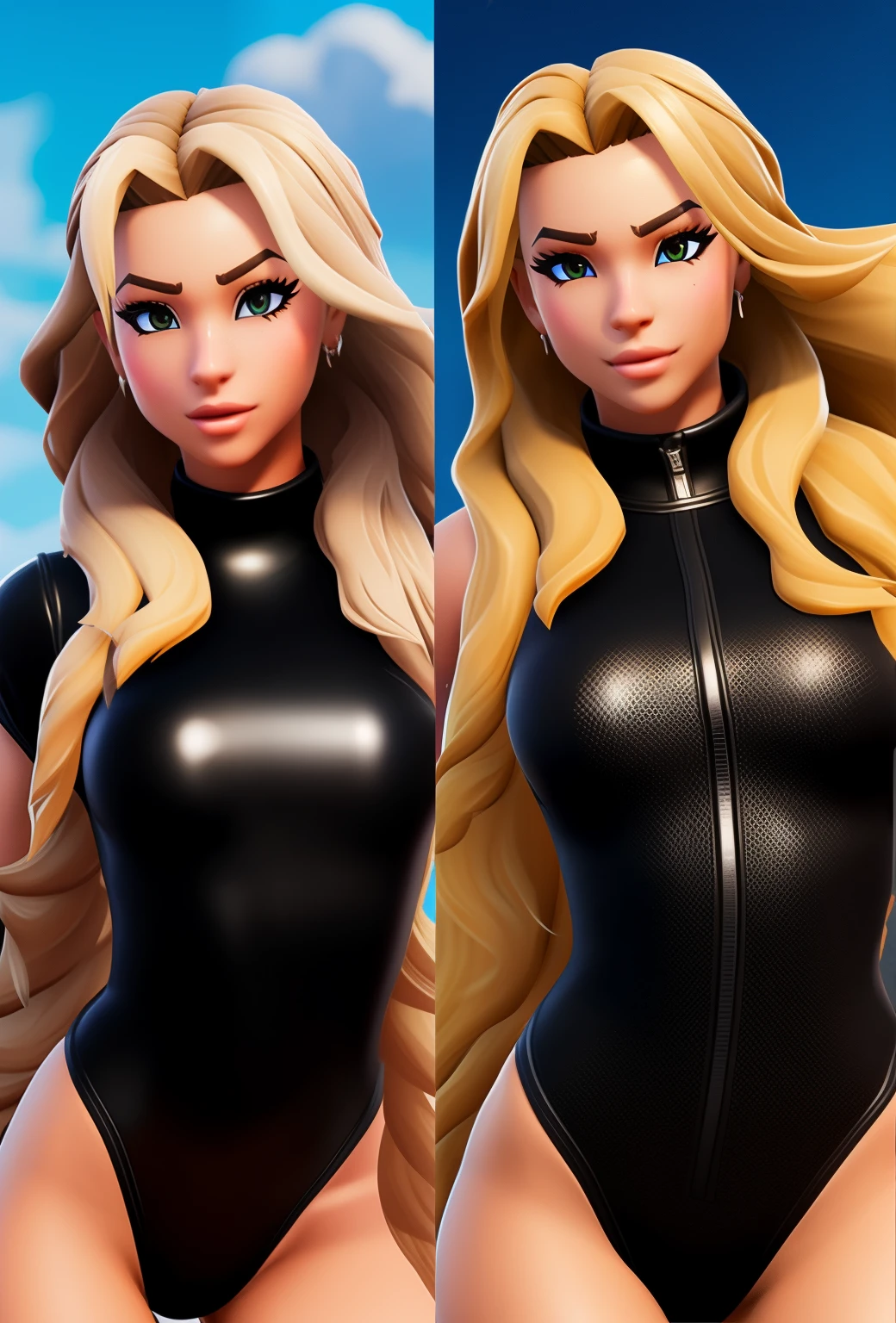 make a fortnite character with long blonde hair and brown eye with big lips, in a black bodysuit