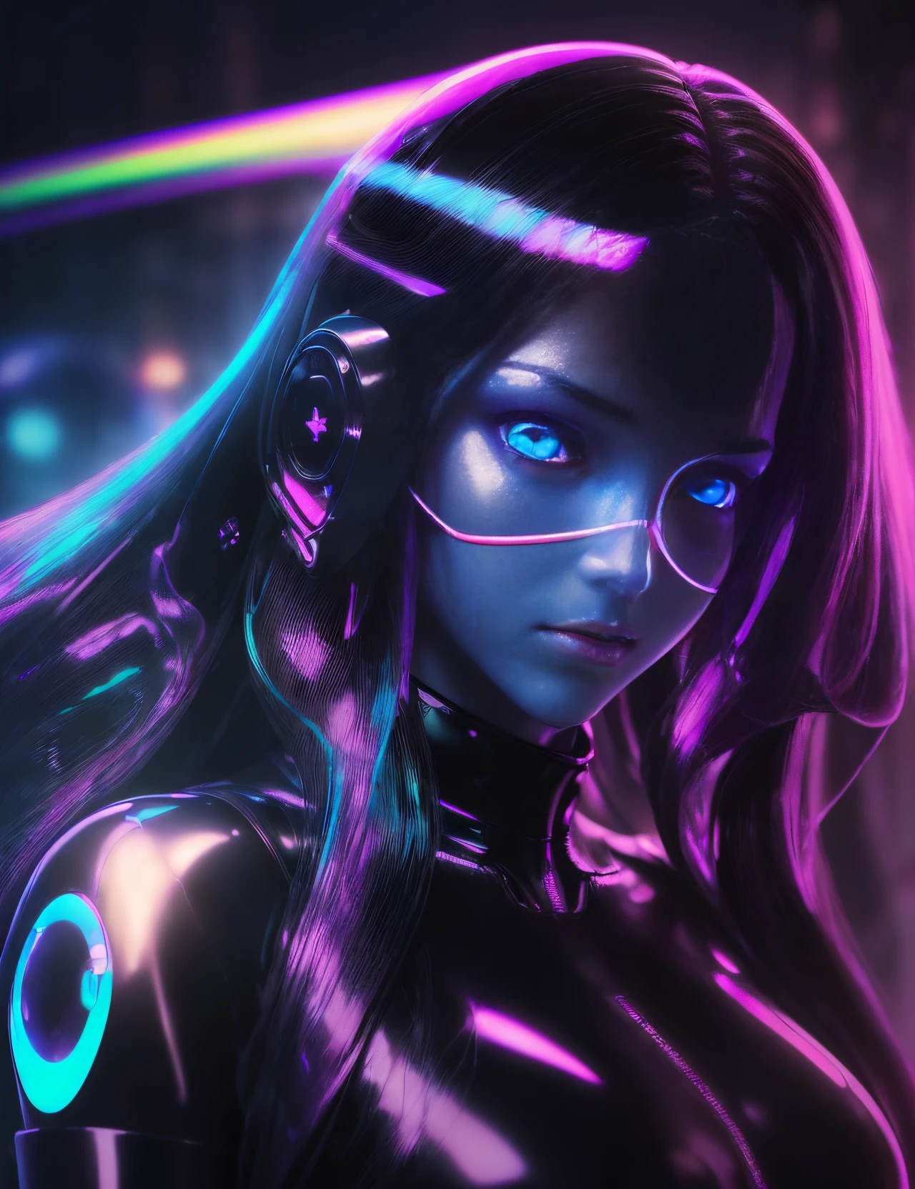 (((Portrait of a perfect girl))), ((Extremely long flowing curly fluorescent cyberpunk hair)), The best picture quality, Masterpiece, Super High Resolution, (fidelity:1.4), photo, (((1 girl))) Dim, darkness, Movie, (Translucent futuristic black outfit and clothing:1.5), (translucent clothes:1.4), ((ciberpunk)), Cyber equipment, ((a robot)), apocalypse, Futuristic, (((Excessively large hanging breasts,,))), ((Perfect and clear facial features)), ((Portrait)), (((dynamic shot))), ((the perfect body)), ((Award-winning, super-realistic photography)), (((Extremely dense reflective shiny translucent latex))), Textured pastel background, colourful, Vibrants, ((Gorgeous Perfect Multi-Colored Reflective Eyes)), (Balloon-shaped flying droids)), ((soapy and many bubbles of different sizes))