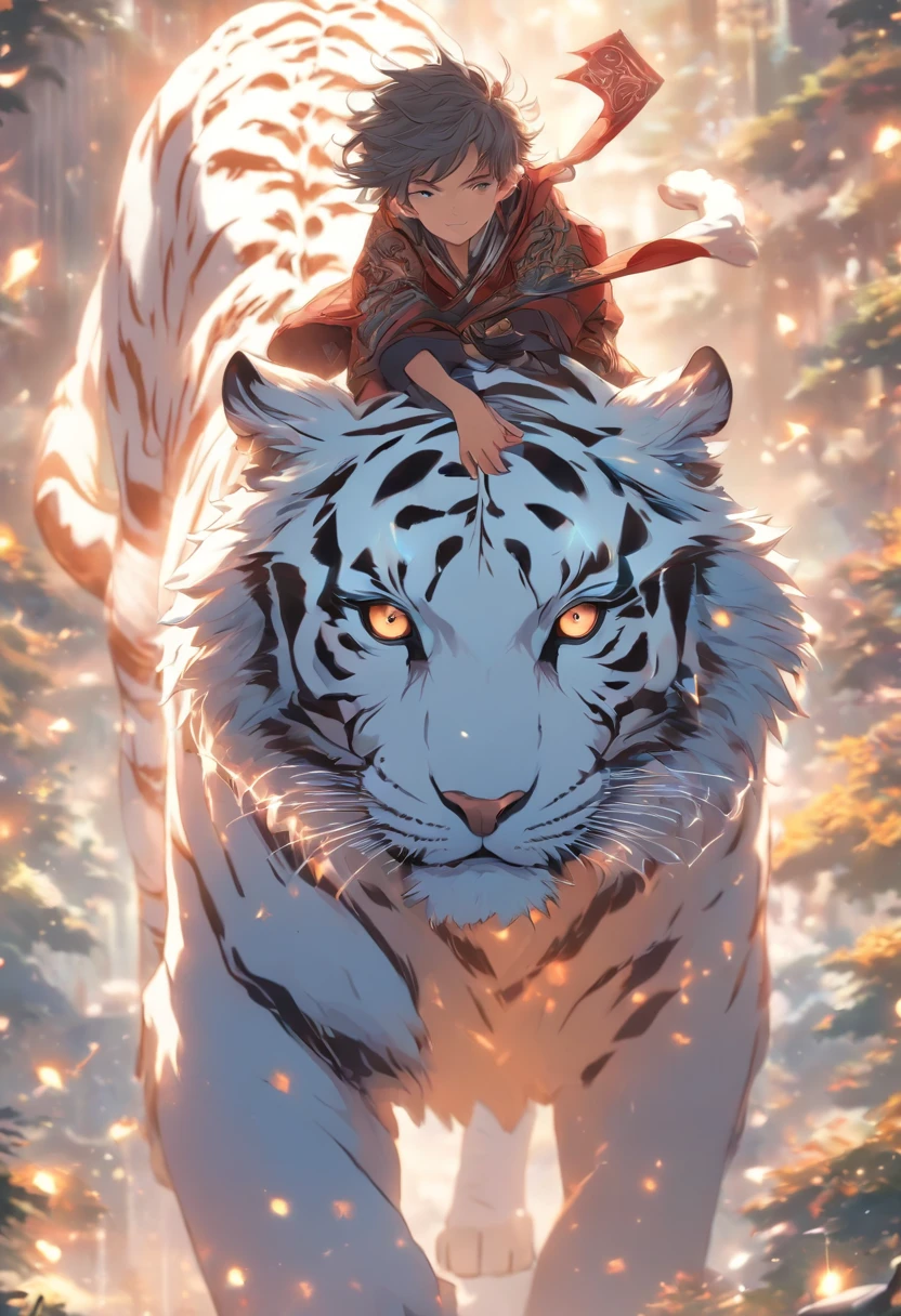 (tmasterpiece), (Best quality at best), Cinematic quality,Rendered by Octane,Ultra-detailed details,1 boy,Riding on the back of a white tiger,Fantasy wonderland background