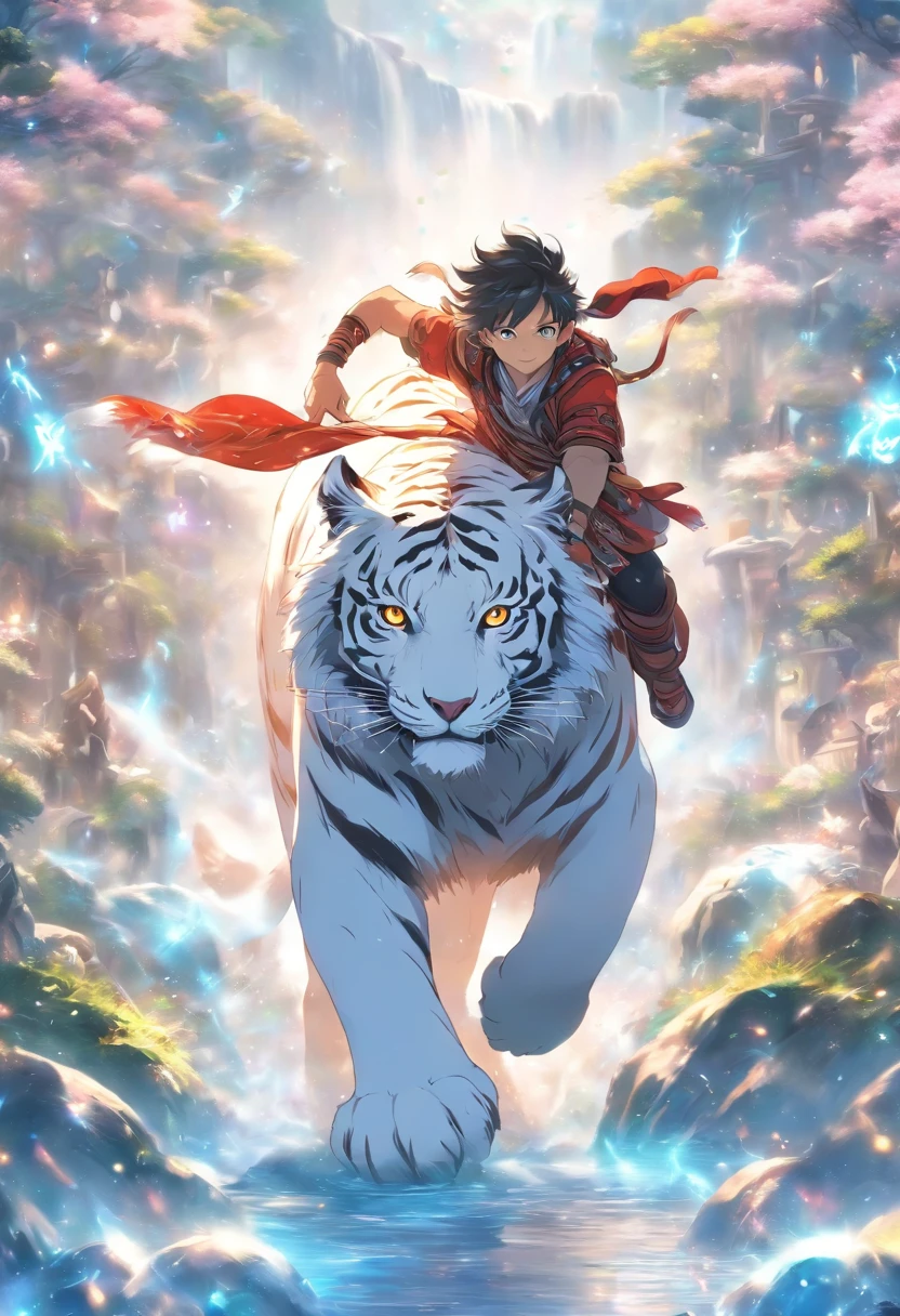 (tmasterpiece), (Best quality at best), Cinematic quality，Rendered by Octane，Ultra-detailed details，1 boy，Riding on the back of a white tiger，Fantasy wonderland background