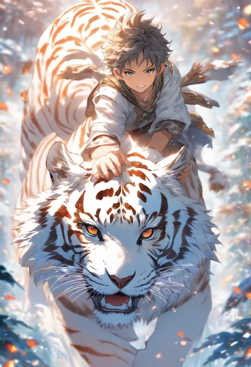 (tmasterpiece), (Best quality at best), Cinematic quality,Rendered by Octane,Ultra-detailed details,1 boy,Riding on the back of a white tiger,Fantasy wonderland background