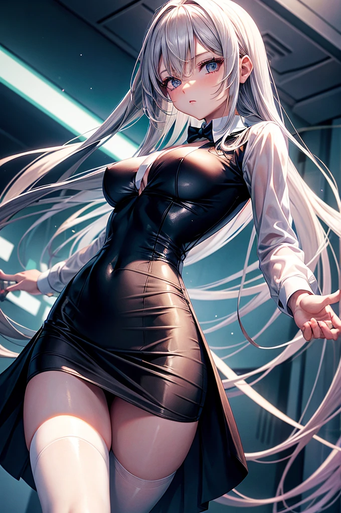 anime girl, fair skinned, petite, medium breasts, medium waist, wearing tight skirt and a suit with see-through white shirt and a black tie, 3/4th view from back standing in a bent down pose, underwear visible
