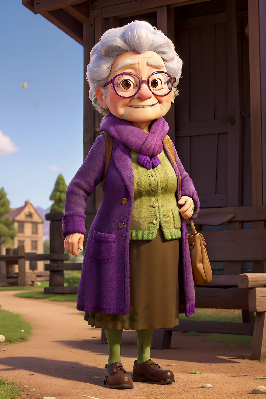masterpiece, best quality, an old woman with glasses and a scarf on, wearing a purple coat and green scarf, standing at the park