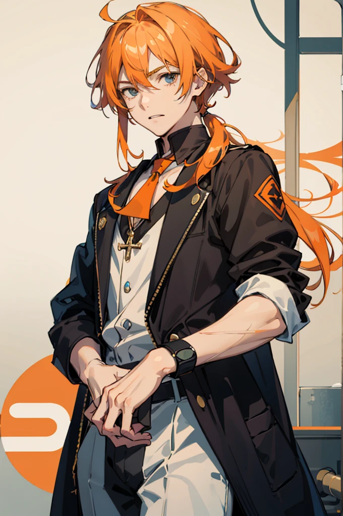 Anime boy with peachy skin, orange medium length hair and fancy but flashy with various colors. Not feminine looking