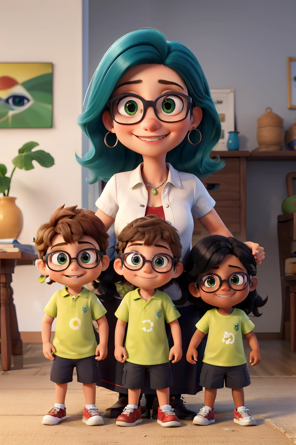 A family of 4. A mother with straight hair, olhos castanhos, sorriso bonito. Um pai cabelo ondulado preto, com um olho verde e outro azul, he wears glasses. Uma filha de 17 anos cabelo castanho ondulado e olhos verdes. Um filho alto cabelos ondulados pequeno castanho e olhos castanhos