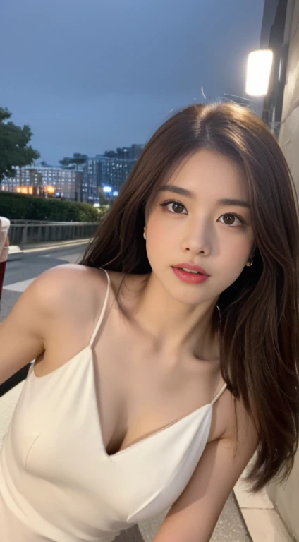 ((Realistic lighting, Best quality, 8K, Masterpiece: 1.3)), Focus: 1.2, 1girl, Perfect Figure: 1.4, Slim Abs: 1.1, ((Dark brown hair)), (White dress: 1.4), (Outdoor, Night: 1.1), City streets, Super fine face, Fine eyes, Double eyelids,