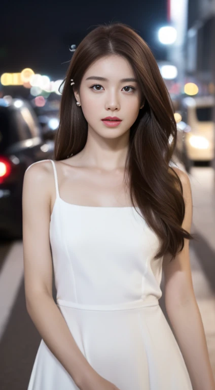 ((Realistic lighting, Best quality, 8K, Masterpiece: 1.3)), Focus: 1.2, 1girl, Perfect Figure: 1.4, Slim Abs: 1.1, ((Dark brown hair)), (White dress: 1.4), (Outdoor, Night: 1.1), City streets, Super fine face, Fine eyes, Double eyelids,