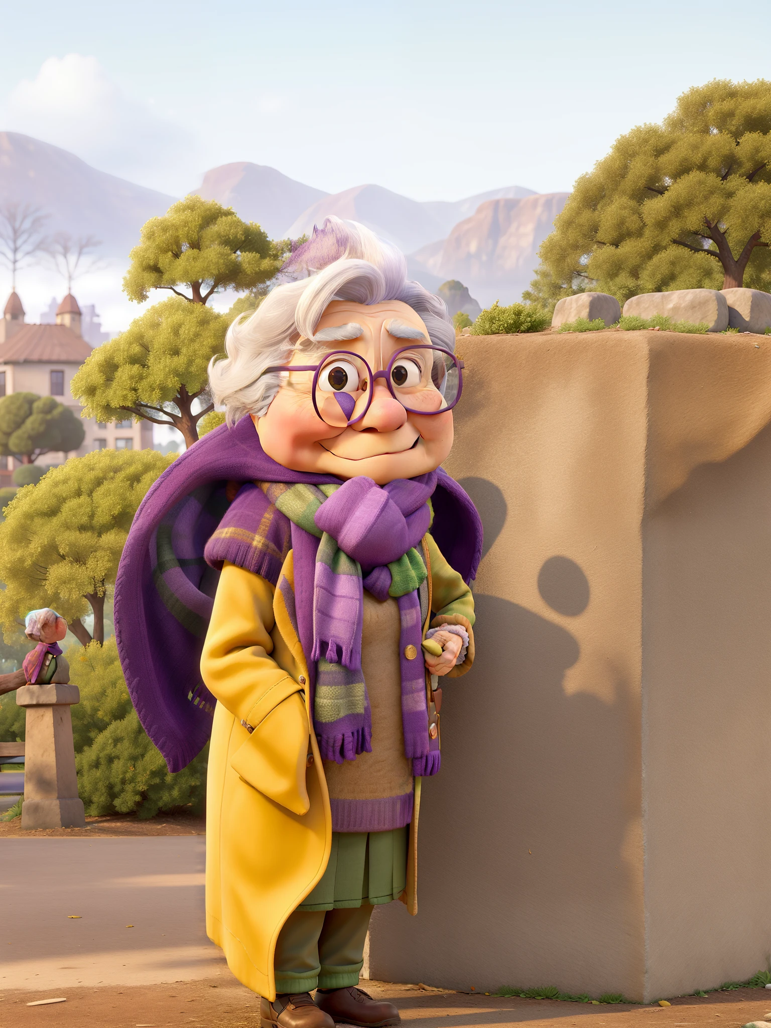 masterpiece, best quality, an old woman with glasses and a scarf on, wearing a purple coat and green scarf, standing at the park