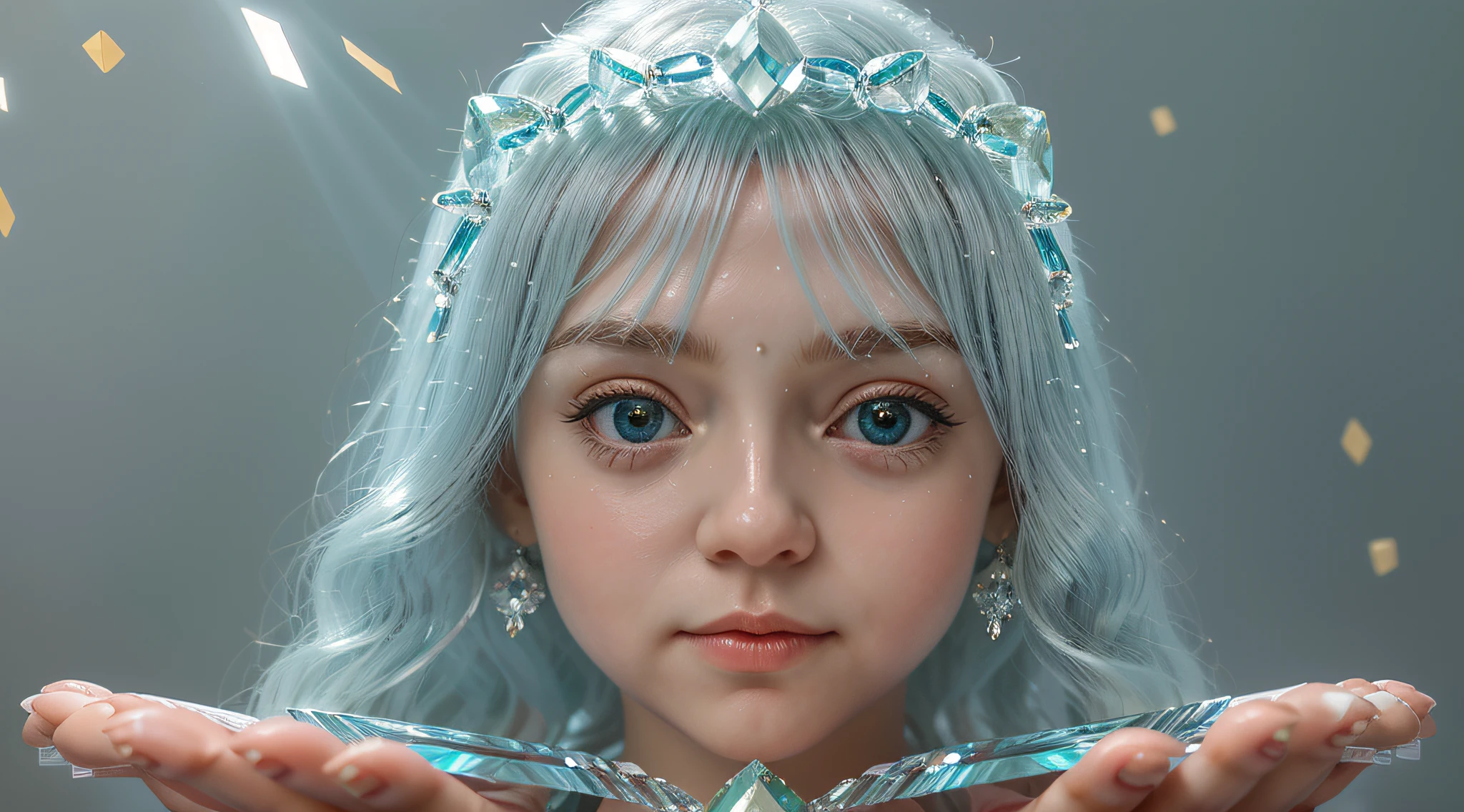 Russian blonde  girl , And a set of green and white crystals in his hands, cristais verdes brilhantes, translucent crystals, Aglomerados de cristais, cristal verde, cristais brilhantes, aquamarine, pedras preciosas muito realistas, material de cristal, cristais bonitos, cubic crystals, Esmeraldas, cristais de opala, cristais fracamente brilhantes, feito de cristais, Cristais transparentes, blue translucent resin, cristais luminosos cintilantes