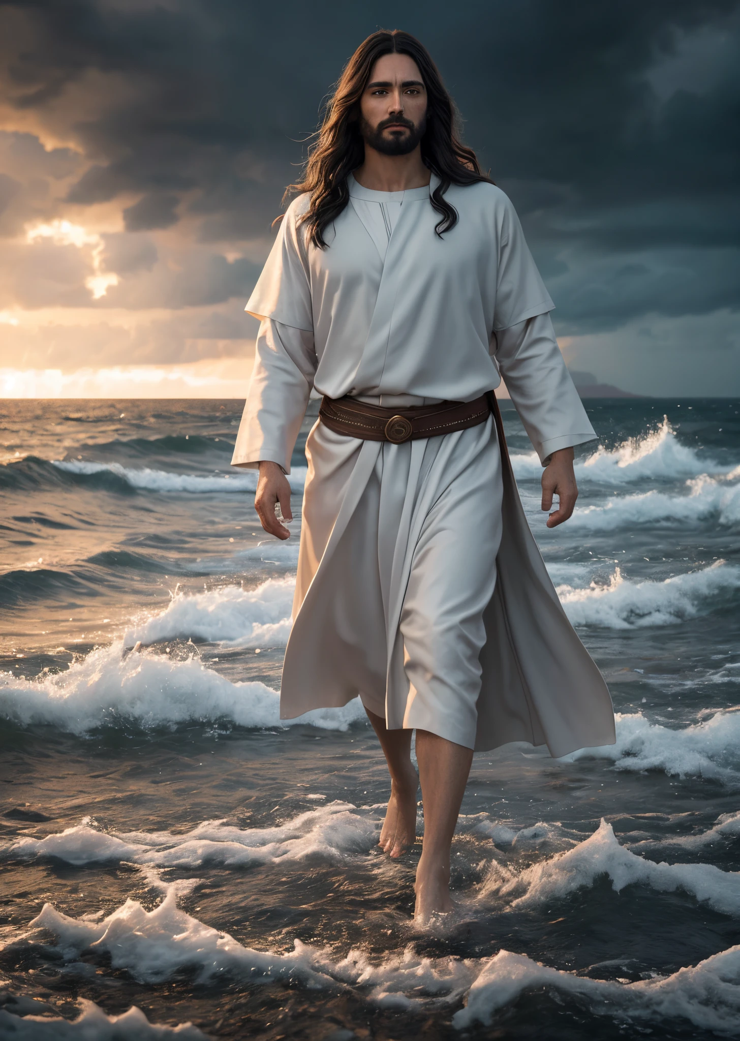 jesus walking on water in a storm, masterpiece, best quality, high quality, extremely detailed CG unit 8k wallpaper, award winning photography, Bokeh, Depth of Field, HDR, bloom, Chromatic aberration, photorealistic, extremely detailed, trending on artstation, trending on CGsociety, intricate, high detail, dramatic, mid-journey art, volumetric lighting