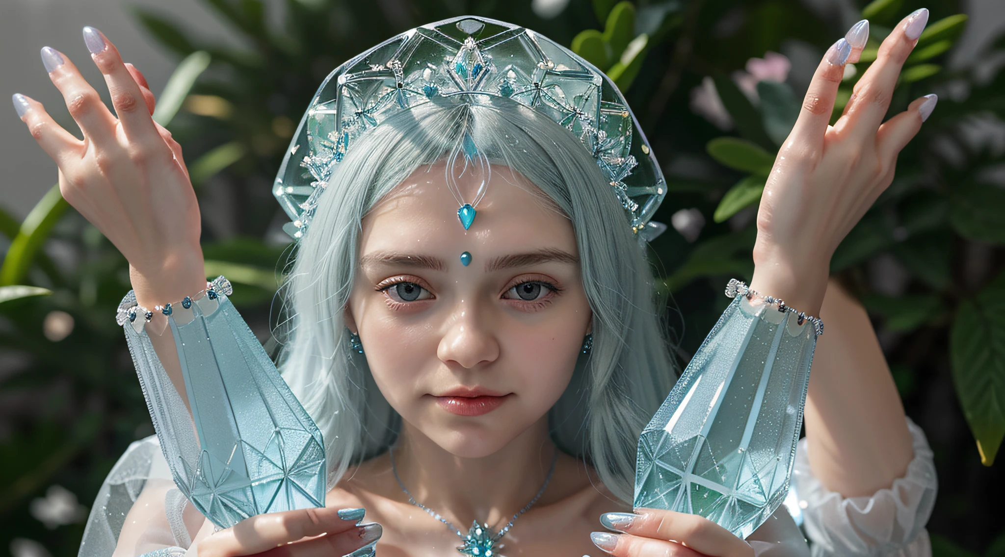 Russian blonde child girl , And a set of green and white crystals in his hands, cristais verdes brilhantes, translucent crystals, Aglomerados de cristais, cristal verde, cristais brilhantes, aquamarine, pedras preciosas muito realistas, material de cristal, cristais bonitos, cubic crystals, Esmeraldas, cristais de opala, cristais fracamente brilhantes, feito de cristais, Cristais transparentes, blue translucent resin, cristais luminosos cintilantes