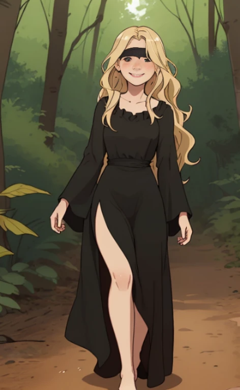 ((8k: 1.27), (maximum quality, art, super high resolution: 1.2), (4K illustration quality), Perfect Female Body, Slim body, long and curly hair, blond hair, ((naked underneath wearing a black cape)), No panties, No bra, showing legs proiminent nipples, small breasts, ((dark forest)), ((night))