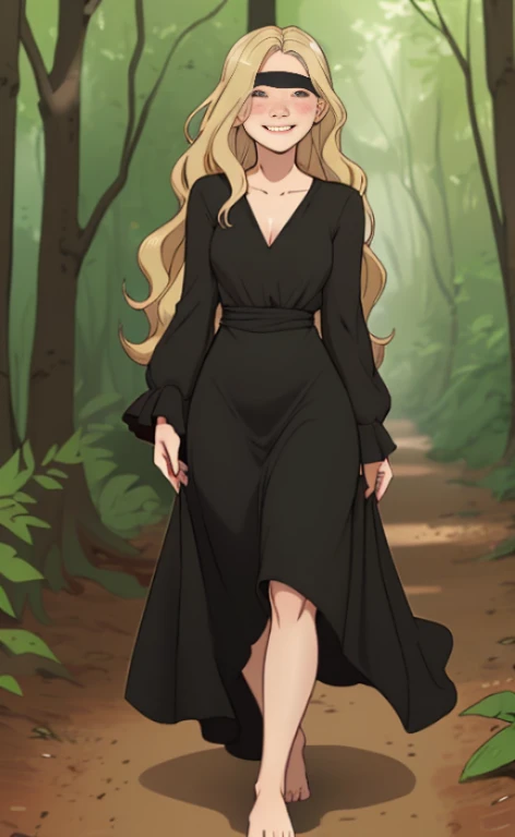 a 23 years old barefoot woman wearin  a long  black dress, blonde short  wavy hair,  calm smile, blindfold, freckles, walking in a forest.