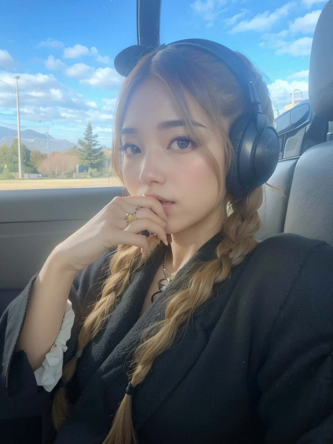 airy woman with headphones sitting in a car with her hand on her chin, Parque Roseanne do Blackpink, jossi do blackpink, tzuyu de duas vezes, Bae Suzy, sentada em seu carro, Pokimane, Jaeyeon Nam, taken in the early 2020s, Sakimichan, coreana, foto de perfil headshot, penteado pigtails