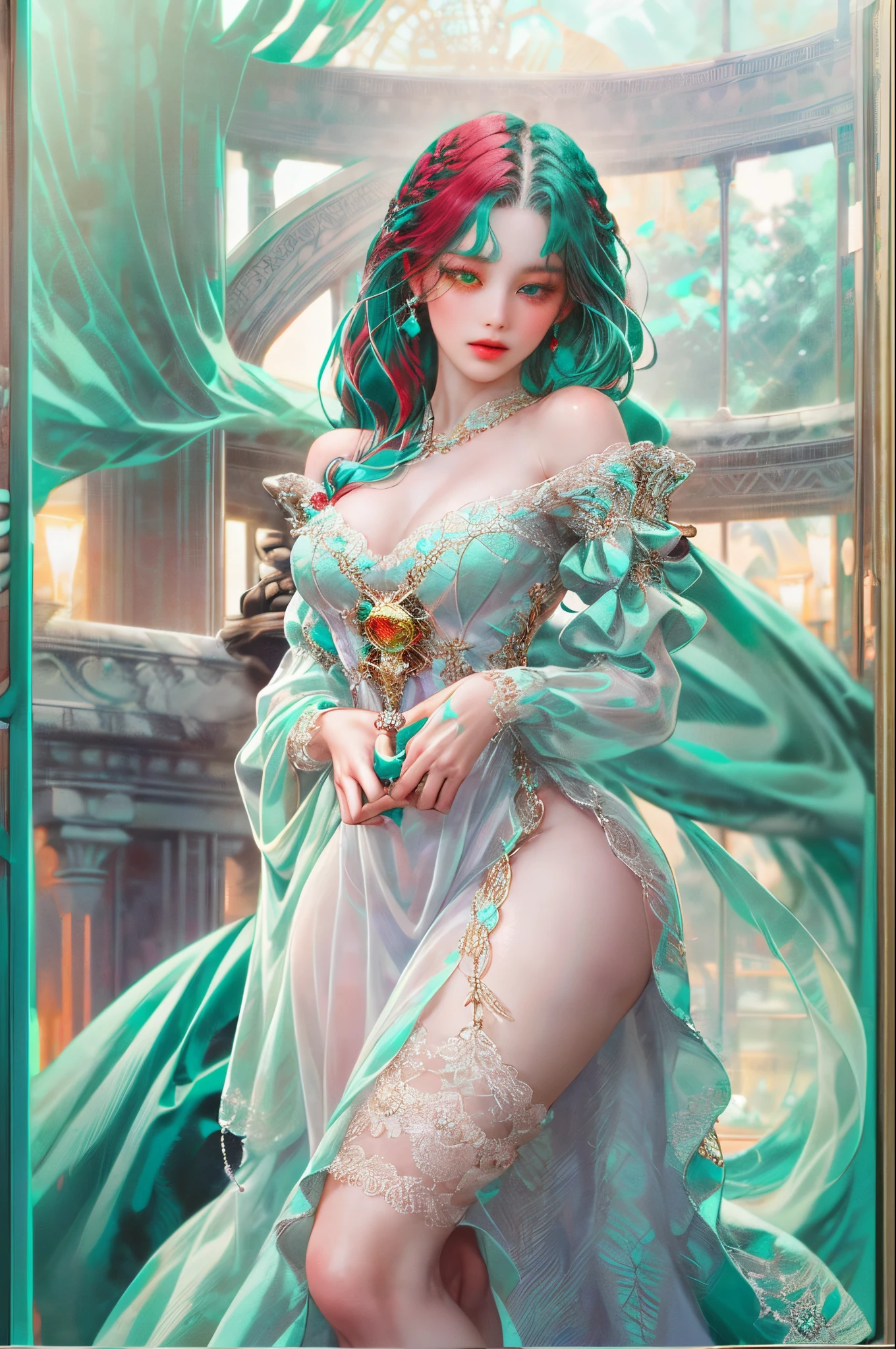 Masterpiece, Best Quality, 1 Girl, solo, ((Heterochromia, Purple right eye:1.6, Red left eye)), (turquoise hair :2.0) (Straight hair), (Long hair: 1.4), (turquoise dress: 1.4), (long-sleeved dress:1.2), (Shoulder-baring
outfit)(black necktie:1.2), 
(Overall impression of the
screen is white)
