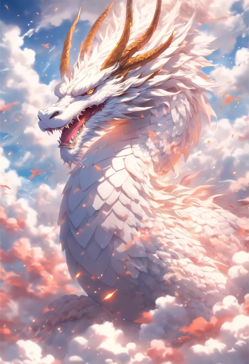 (tmasterpiece), (Best quality at best), Cinematic quality，Rendered by Octane，Ultra-detailed details，A cloud dragon formed from white clouds，Huge white dragon，