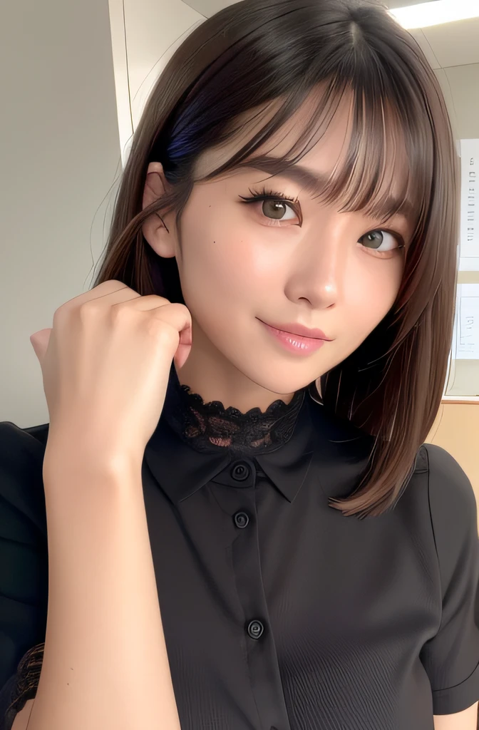 Bank Worker Woman、((Lace panties))、(in 8K、top-quality、masterpiece:1.2)、(realisitic、Photorealsitic:1.37)、ultra-detailliert、Princess、banks、(blush of the nose)、(A smile:1.15)、(Mouth closed)、Medium chest、beatiful detailed eyes、(shirt with collar:1.1)、business clothes、Sateen、(shorth hair:1.2)、pureerosface_v1、computers、detail finger、Beautiful Detail Face、