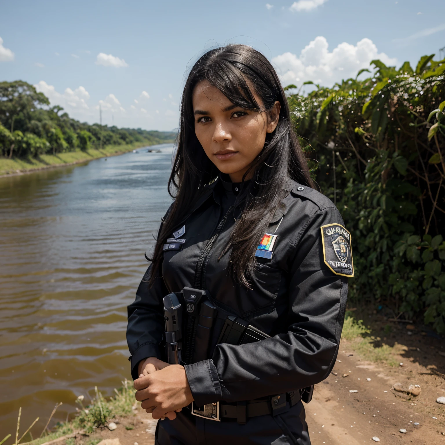 TV documentary show close-up half-body shot. One fully clothed Brazilian Policewoman and one nudist woman In the street. 2girls. ((Anna is a 45-year-old woman working as a police officer, wearing full police uniform, fully clothed:1.3)) BREAK ((Carolina is a nudist woman:1.3)). Award winning photo. DLSR photograph 35mm.