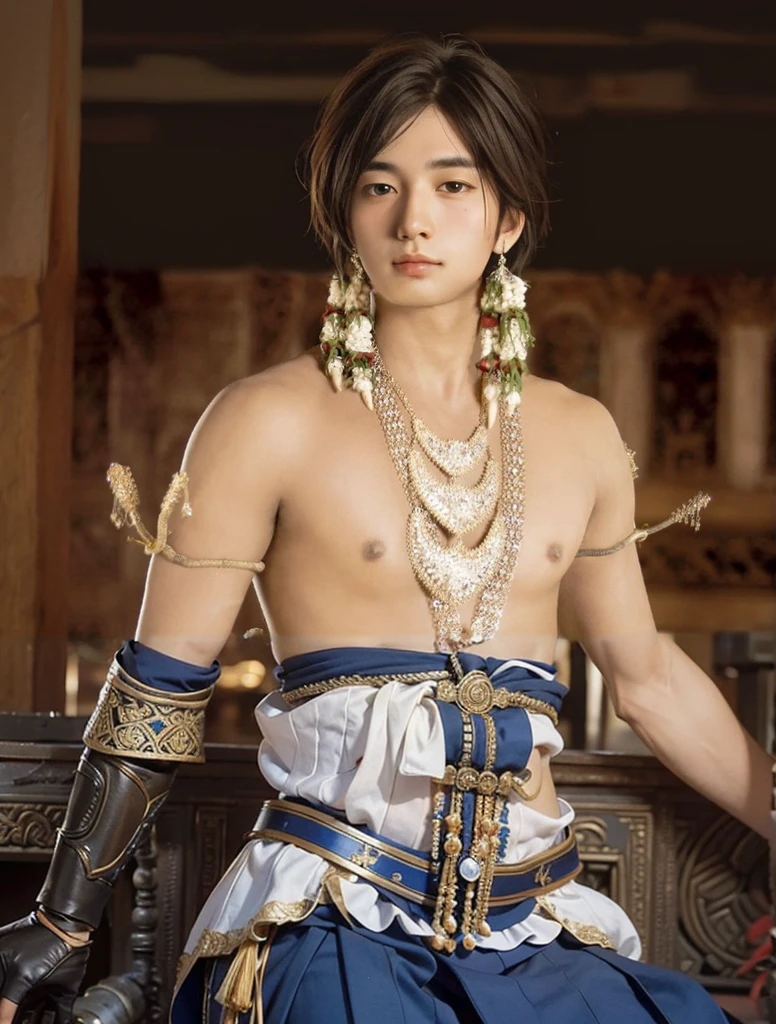 Redraw armor that does not expose skinhandsome men, in ancient javanese oufit wearing sarong, muslce, 6 pack abs,