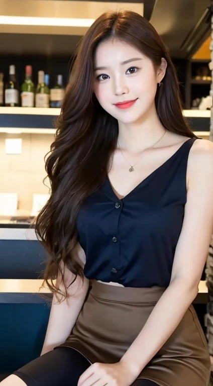 A real wonderful beautiful girl., Long golden curly hair, Very beautiful face., An unbeatable beautiful girl., The collarbone closes the shoulder., Clear Buttons White Tight Office Shirt, JK skirt black, Leg touch, sweet smile, soft, Dreamy quality, Light white and dark brown, Unpretentious facial features, Solid color, Frank Off-White, surreal, Blue Sapphire Necklace, Exceptionally clear, A Beautiful Girl, Cute and lively., Super short leggings, Bar Counter Background