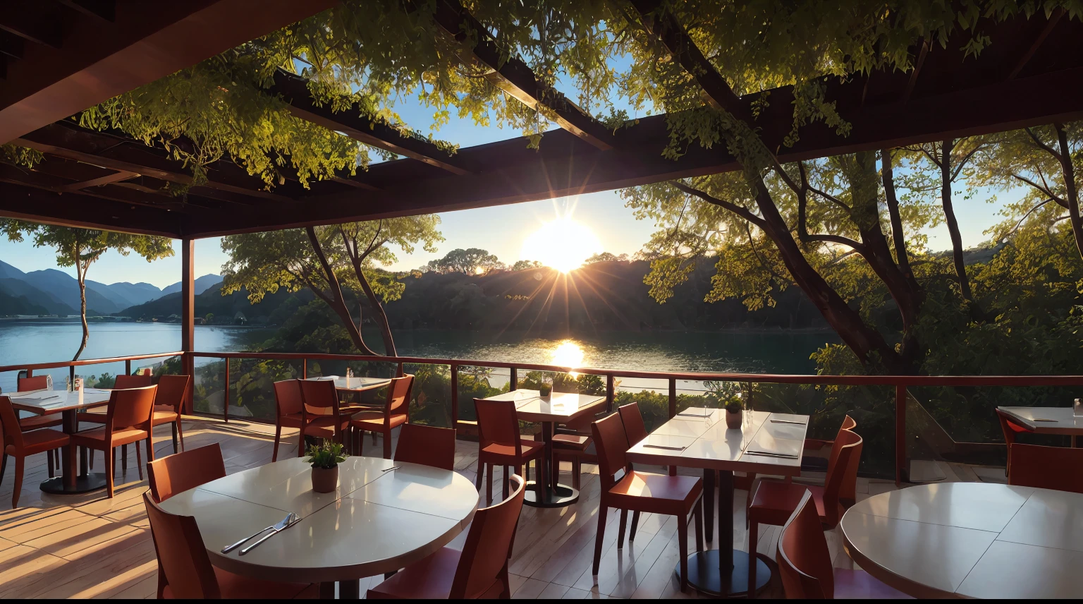 stunning scenery, surreal lighting, extremely extravagant lighting, vivid color, beautiful scenery, sun on the horizon, afternoon, vegetacion, natural, contemporary restaurant on a lake