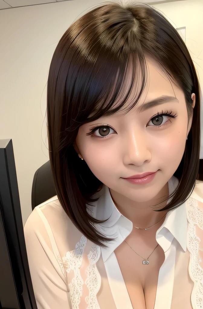 Bank Worker Woman、((Lace panties))、(in 8K、top-quality、masterpiece:1.2)、(realisitic、Photorealsitic:1.37)、ultra-detailliert、Princess、banks、(blush of the nose)、(A smile:1.15)、(Mouth closed)、Medium chest、beatiful detailed eyes、(shirt with collar:1.1)、business clothes、Sateen、(shorth hair:1.2)、pureerosface_v1、computers、detail finger、Beautiful Detail Face、