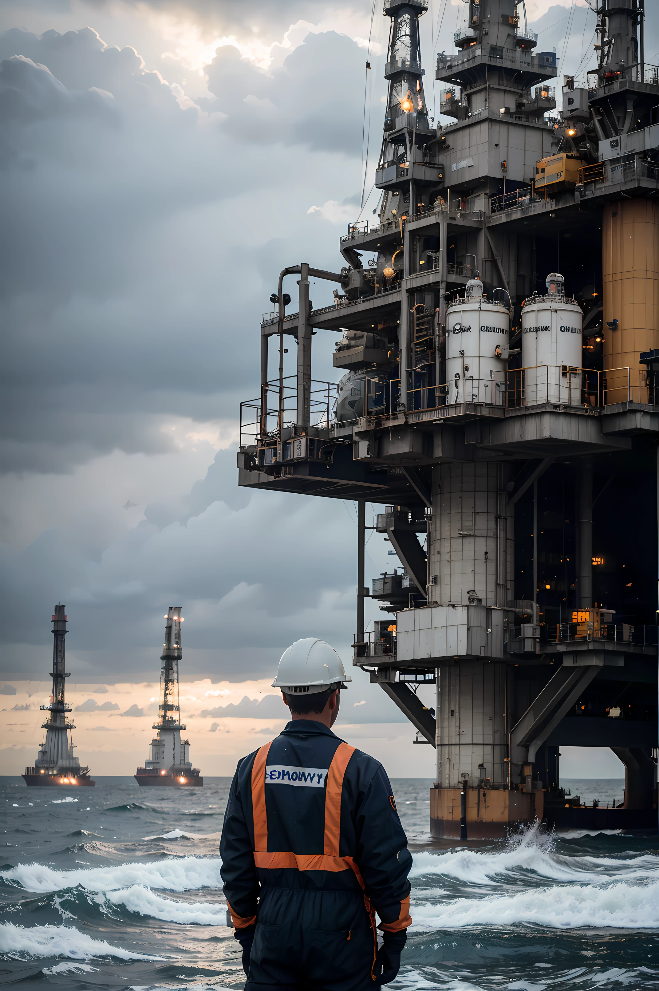 "Capture the resilience and determination of an oilworker amidst the challenging conditions of a windy day on an offshore oil rig. Depict the worker in action, surrounded by the towering machinery and equipment, as gusts of wind whip through the platform. Explore the interplay of light and shadow on the worker's protective gear and the industrial structures. Convey the contrast between the harsh environment and the individual's commitment to their work in the oil and gas industry