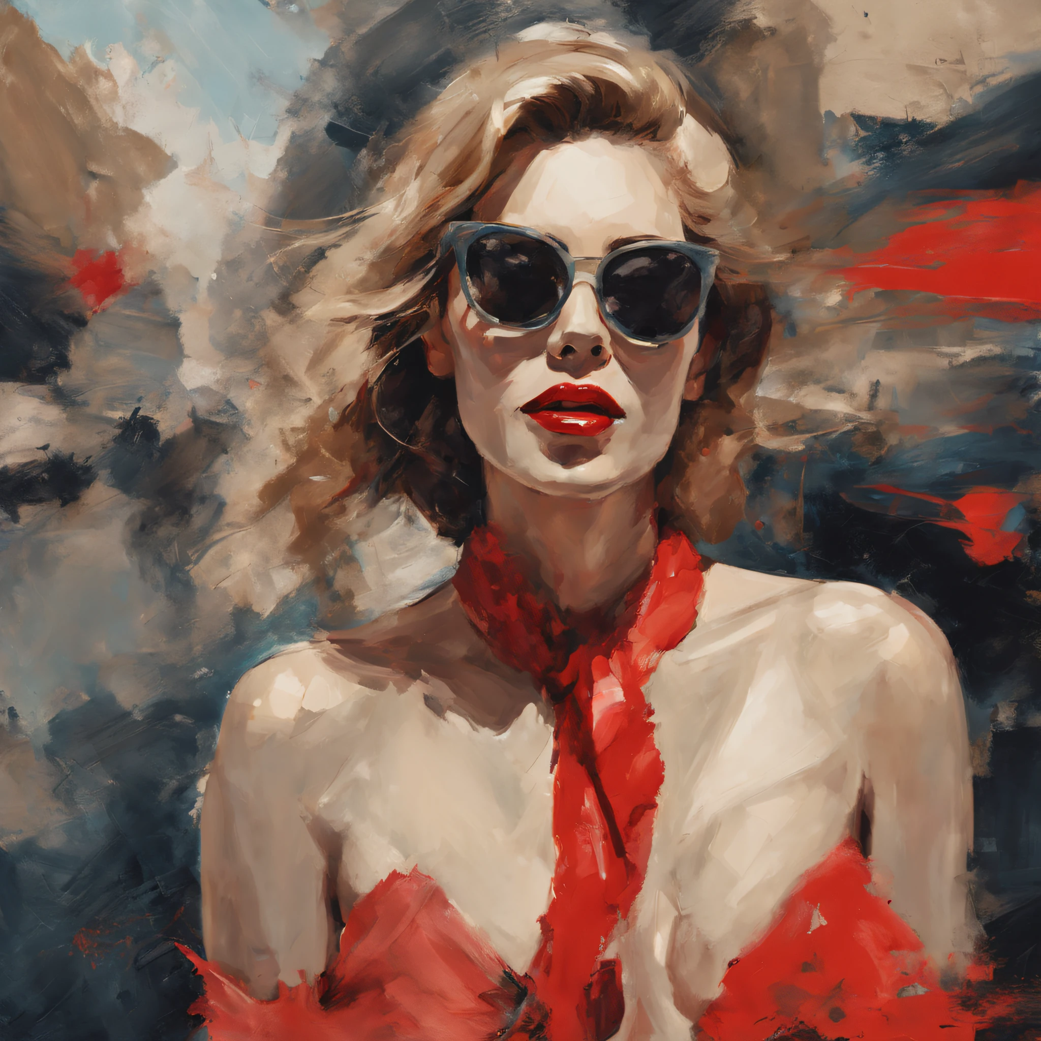 An impressive artistic work of a close-up of a beautiful woman in sunglasses, with red lipstick, with expressionism, with brush color tastes, vintage op, midjorney, 8k.