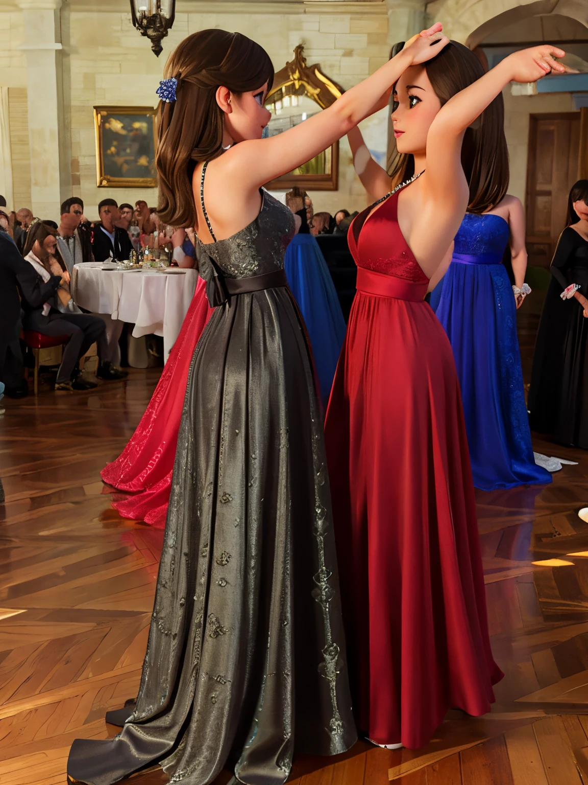 Two girls in prom dresses