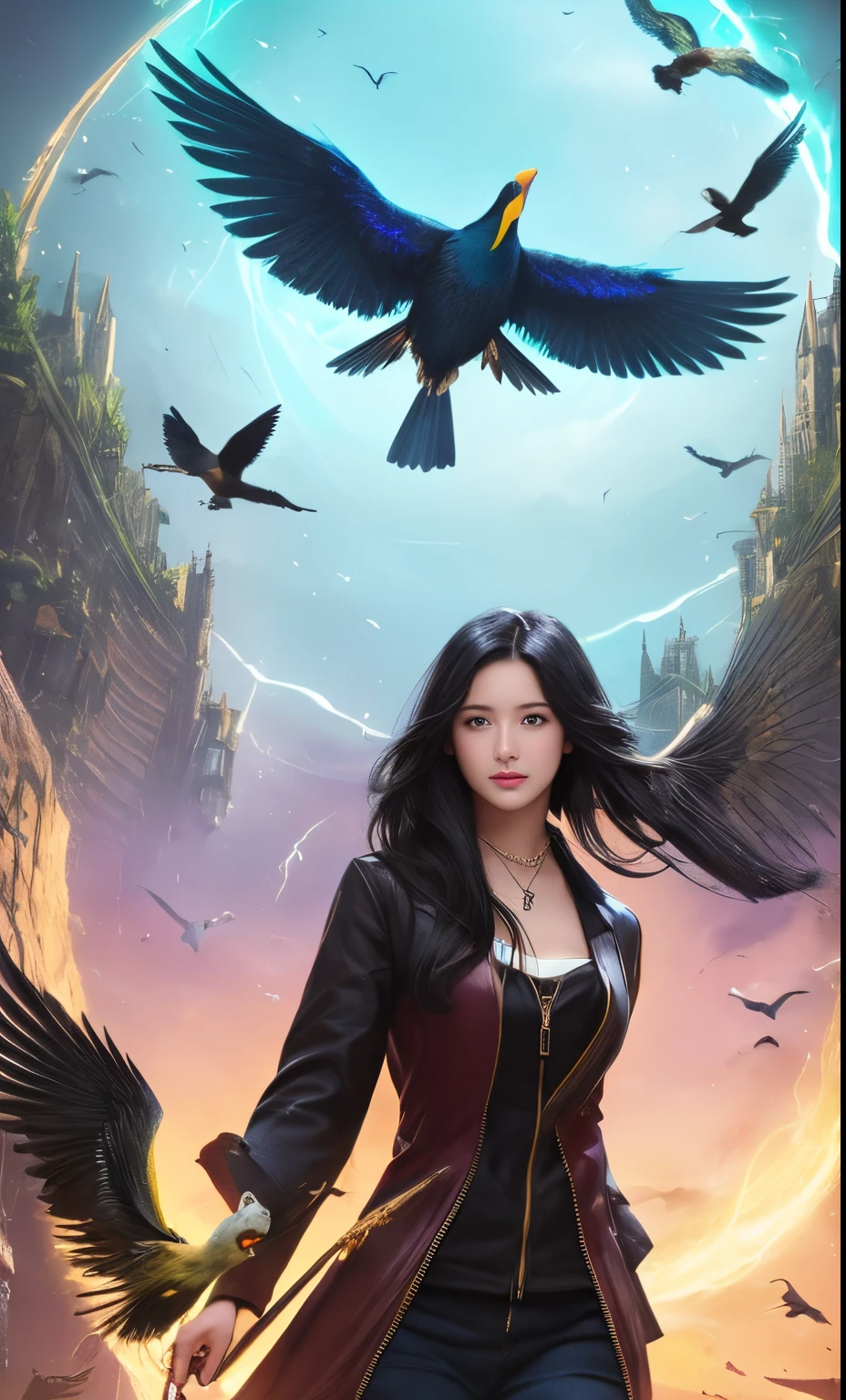 (a handsome female,1girl:1.1,black hair:1.1) Holding in your hands (spell wand:1.1) UPON (giant bird:1.2) behind her, (looking a viewer:1.1), (zipper), (bird)