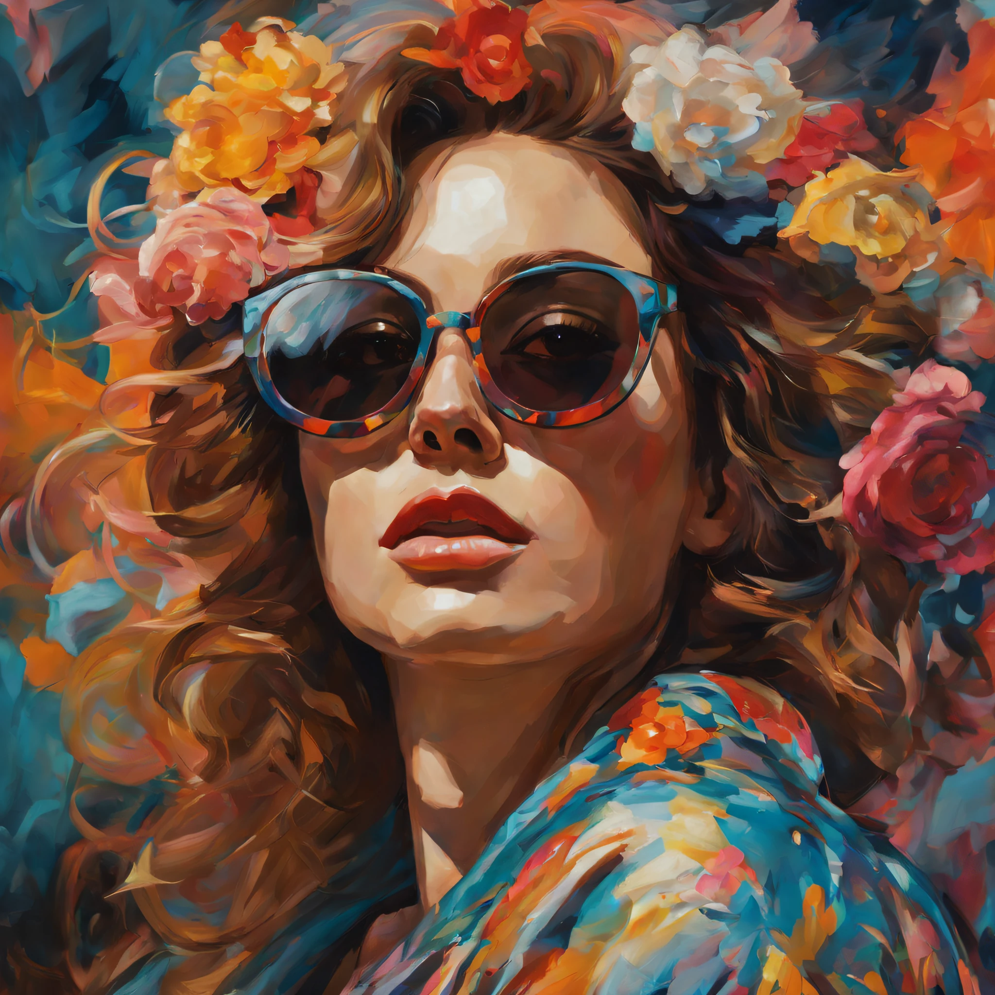 close-up of a beautiful woman with sunglasses, in an expressionist way, in a brave and impressive way, with flowery and pop cultural clothes, in a work of art way, Iridescent, midjorney, 8k.