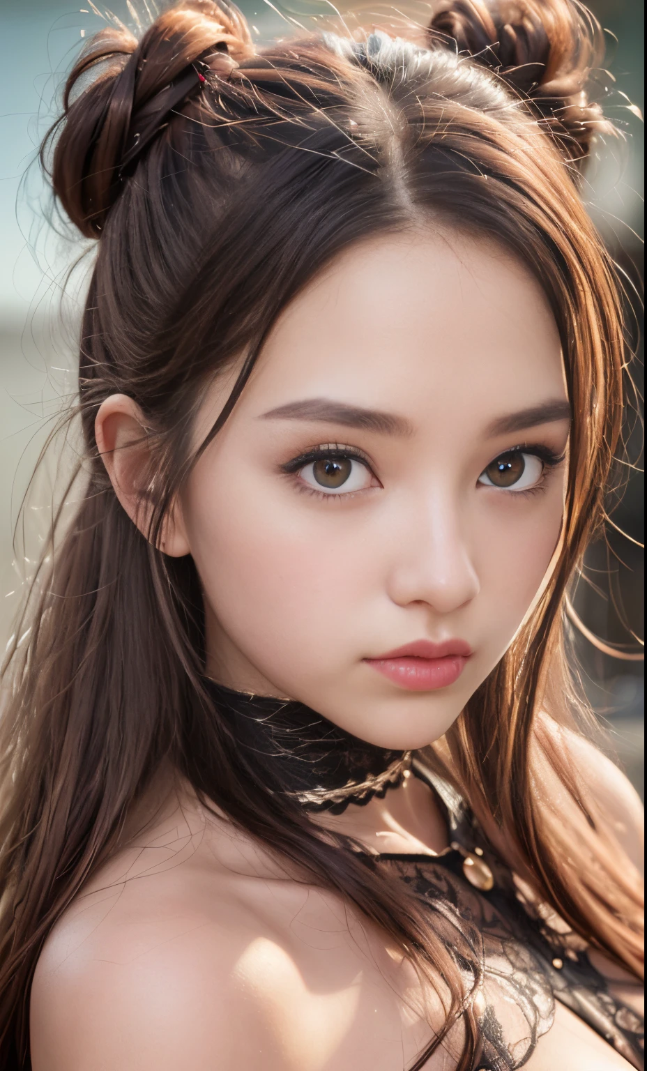(8k, 4k, best quality, highres, ultra high res:1.1), (masterpiece, realistic, photo-realistic:1.1), 1girl, face, close-up, pigtails, braids , blonde hair, black eyes, red lips,((big breast)), (big cleavage), (big cuvy hips), (narrow waist ) (looking at viewer:2), absurdly long hair, long eyelashes, eyeshadow, small face, big eyes,bare shoulders, high contrast,ultra-high-definition, outstanding details, 8K, Blush face, attractive collarbone, sexy shoulders, blushing cheeks, nikon z9, 30mm lens, sharp focused face, f/4, iso 200, shutter 1/250, beauty light, medium shot, raw ,intricately detailed, award winning photograph, good contrast, high sharpness, facial symmetry, bokeh, ultra-detailed