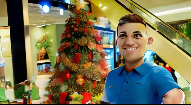 Obra-prima, de melhor qualidade, white man, green eyes, army style haircut, brown hair, medium eyebrows, next to a Christmas tree in the shopping mall