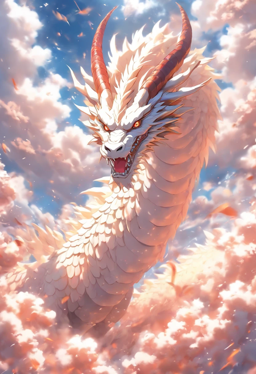 (tmasterpiece), (Best quality), Cinematic quality,Rendered by Octane,Ultra-detailed details,A cloud dragon composed of white clouds,Huge white dragon,Slender dragon body,Circling body,Dragon tail,Dragon's horn,dragon claw,