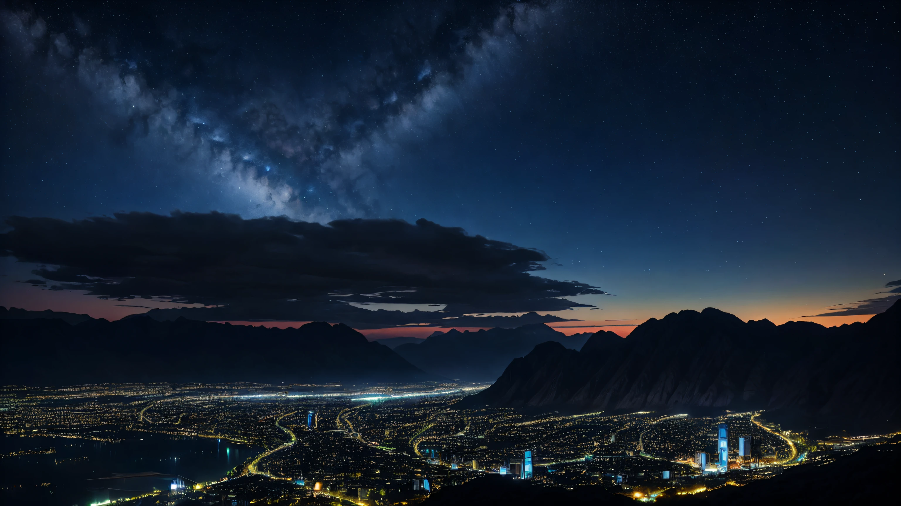 stunning scenery, surreal lighting, extremely extravagant lighting, vivid color, beautiful scenery, night, stars in sky, afternoon, vegetacion, natural, futuristic city