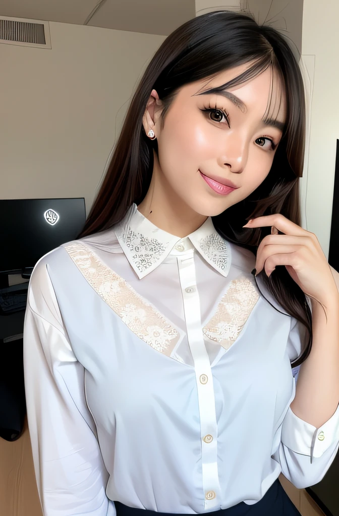 Bank Worker Woman、((Lace panties))、(in 8K、top-quality、masterpiece:1.2)、(realisitic、Photorealsitic:1.37)、ultra-detailliert、Princess、banks、(blush of the nose)、(A smile:1.15)、(Mouth closed)、Medium chest、beatiful detailed eyes、(shirt with collar:1.1)、business clothes、Sateen、(shorth hair:1.2)、pureerosface_v1、computers、detail finger、Beautiful Detail Face、