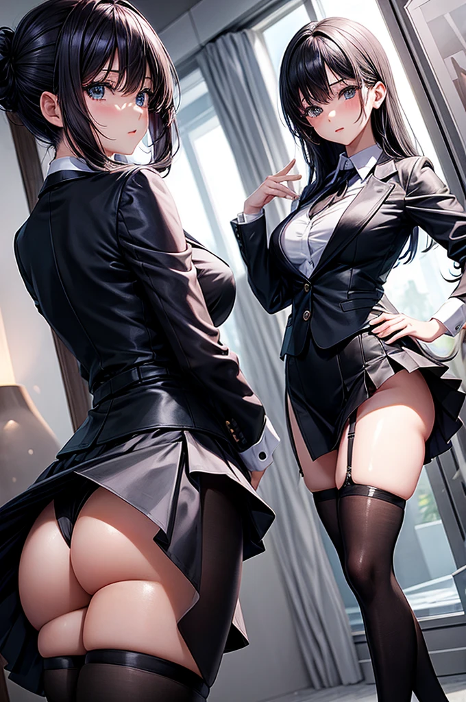 anime girl wearing tight skirt and a suit with see-through white shirt and a black tie showing her ass