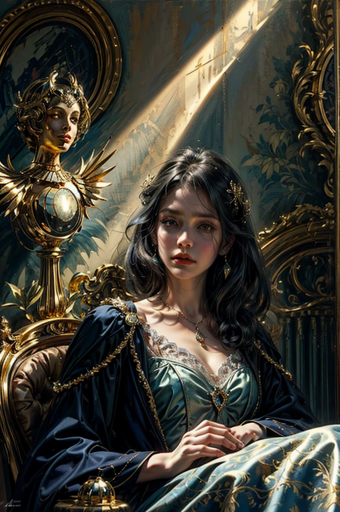 lady virgo in art nouveau with sad face inside royal rich castle bedroom, HD, 8K, godshadow, oil painting, rennaissance, gold, Detailed, realism,