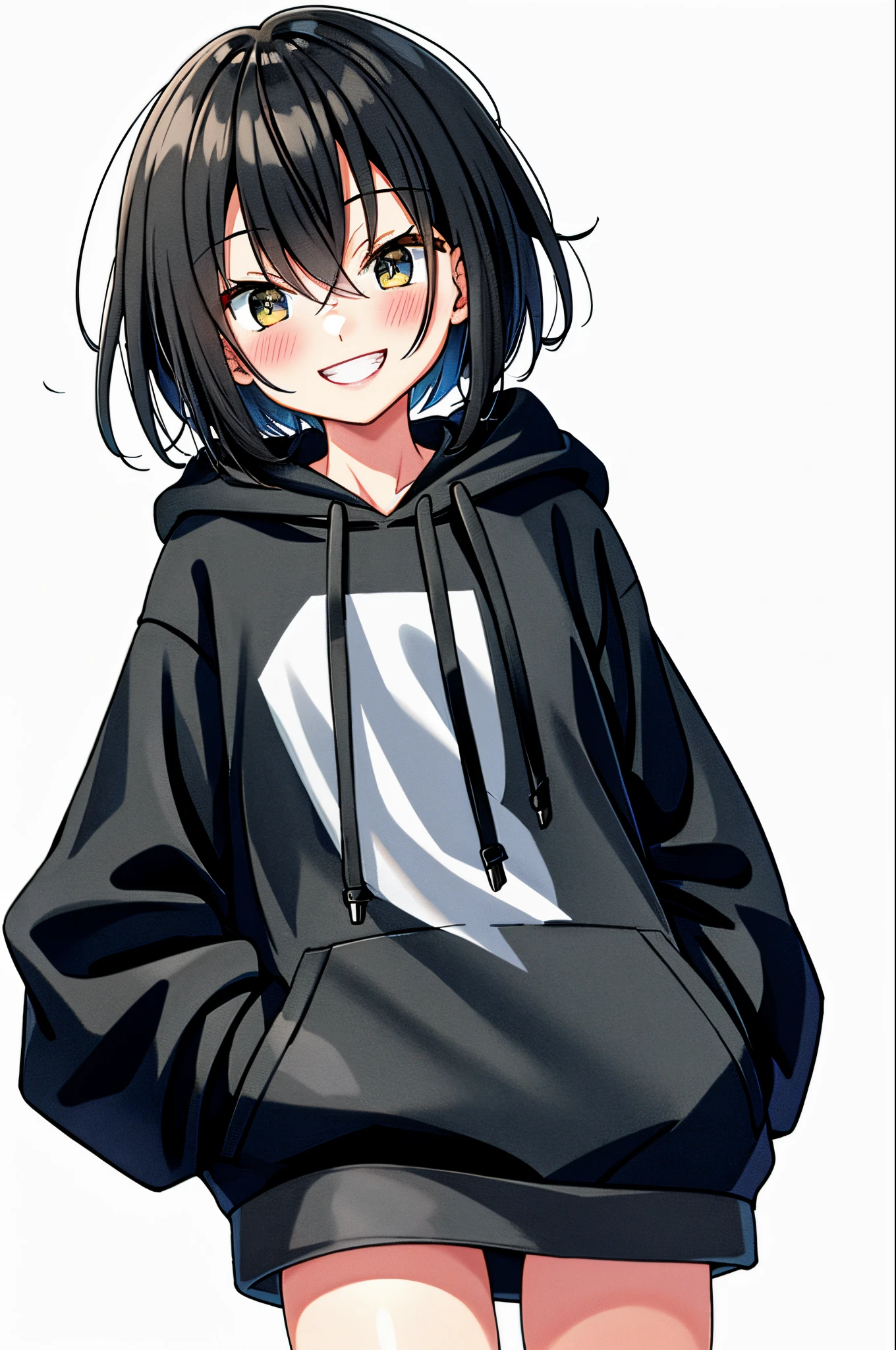 qualidade obra prima,4k,ultra detalhe,Man,male,malefocus,solo,hood,anime,black hair,hoodie,blood on mouth,blue eyes,hood down,long hair,hair between eyes, smile, long sleeves, grin,white hoodie,bags under eyes,pale skin
