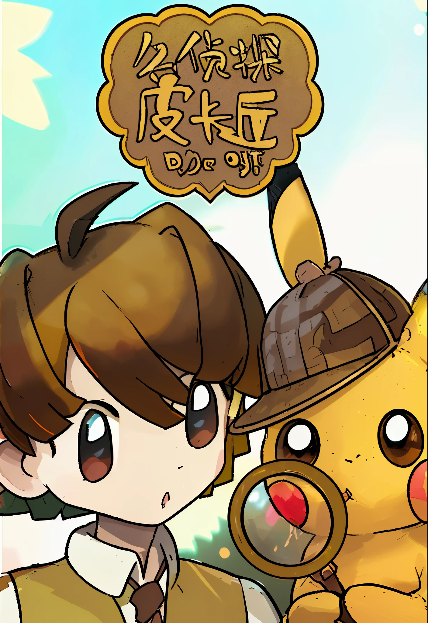 The child's face，lovely boy，Head to neck，The shirt，jaket，boy with brown hair and eyes，Yellow Pikachu，Deer hunting hat，detective，Two roles,Pikachu holding a magnifying glass，Pikachu wearing detective hat, looking at the camera in, nearing perfection, dynamic, mid closeup, The content is very detailed, digitial painting, art  stations, concept-art, Focus sharp, lamplight, Nintendo Pokémon Artwork, Detailed faces, 4K，yellow tint，The background is the library，bright，Let's go，detective pikachu，Pokémon Art，A person and a Pikachu