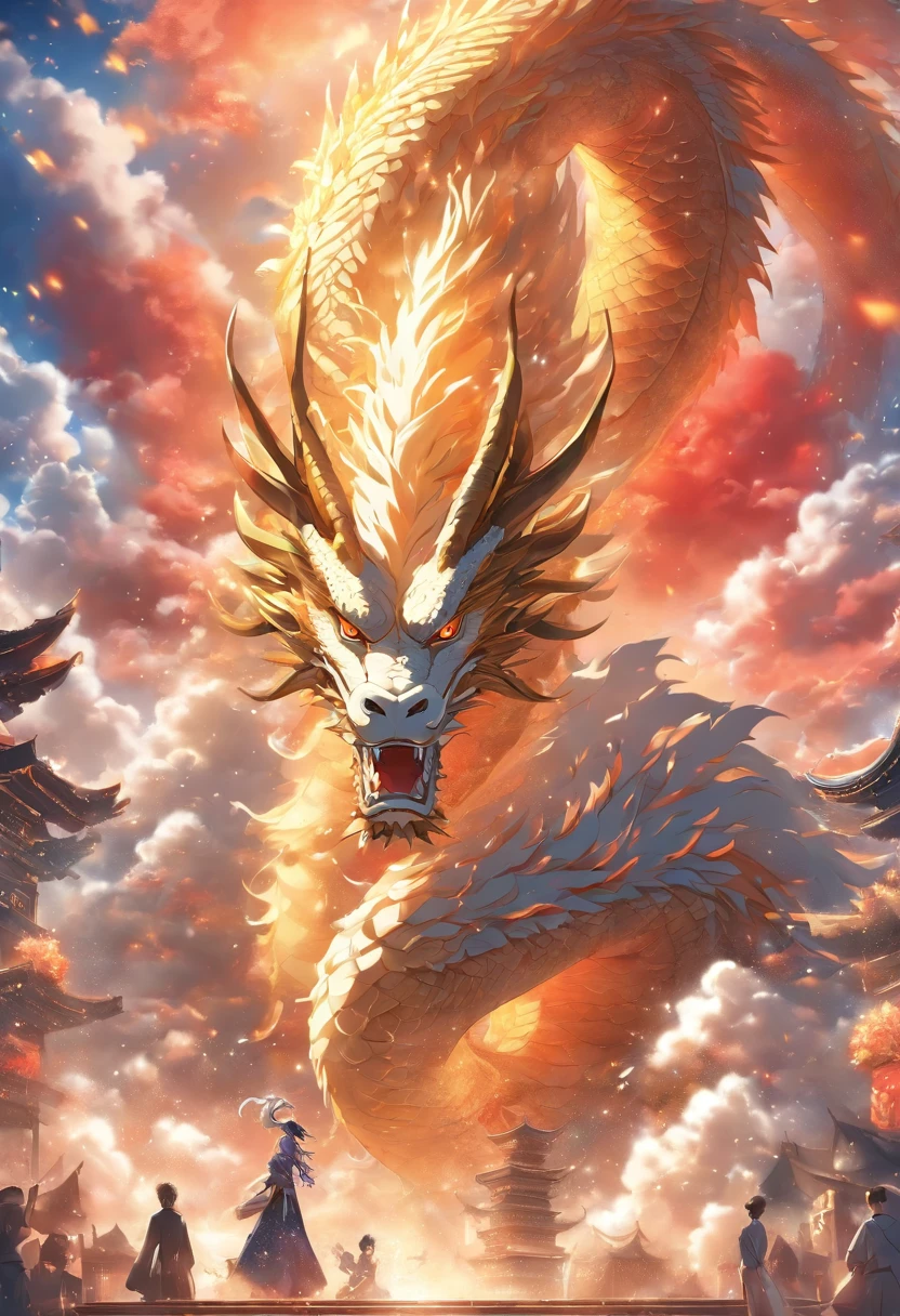 (tmasterpiece), (Best quality at best), Cinematic quality,Rendered by Octane,Ultra-detailed details,Cloud dragon composed of white clouds,Huge Chinese dragon,Slender dragon body,body of revolution,Dragon tail,Dragon's Horn,dragon claw,