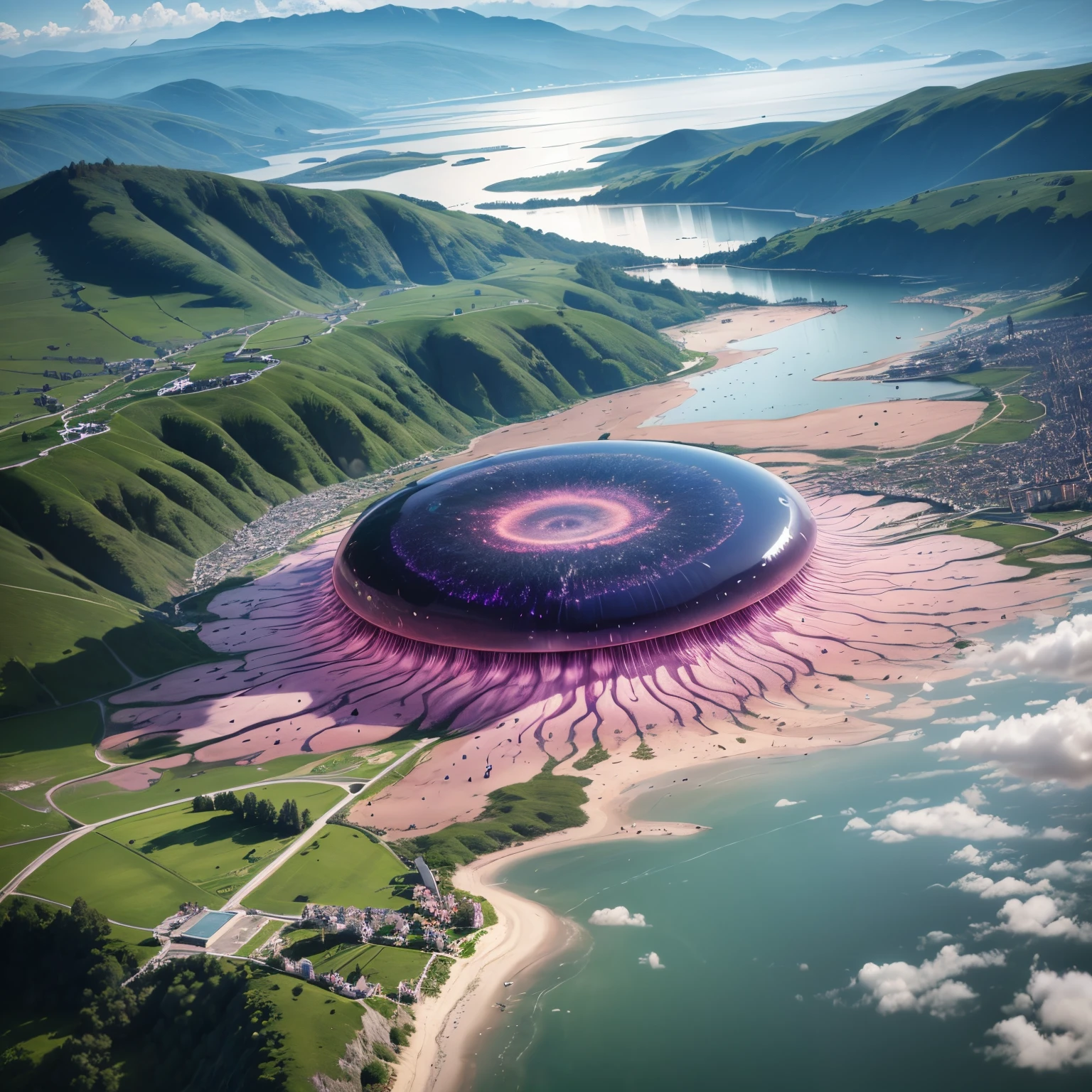 aerial view photograph of a giant colorful electro luminance jelly fish in the sky, floating over the Swiss Alpes, leman lake in the background, dark sky. PRofessional photography style.Camera Settings: Use a high-resolution camera with a wide-angle lens to capture the sweeping landscape. Adjust the aperture for optimal depth of field to bring out the richness of the composition --auto --s2