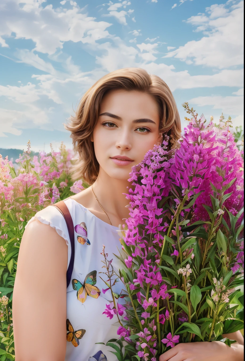 (Masterpiece), (Best Quality), (hight resolution), Detailed, (Inricate 1 Details.2), (Hyper Detail 1.4), Ivan-tea in the background, bouquet of fireweed in hands
