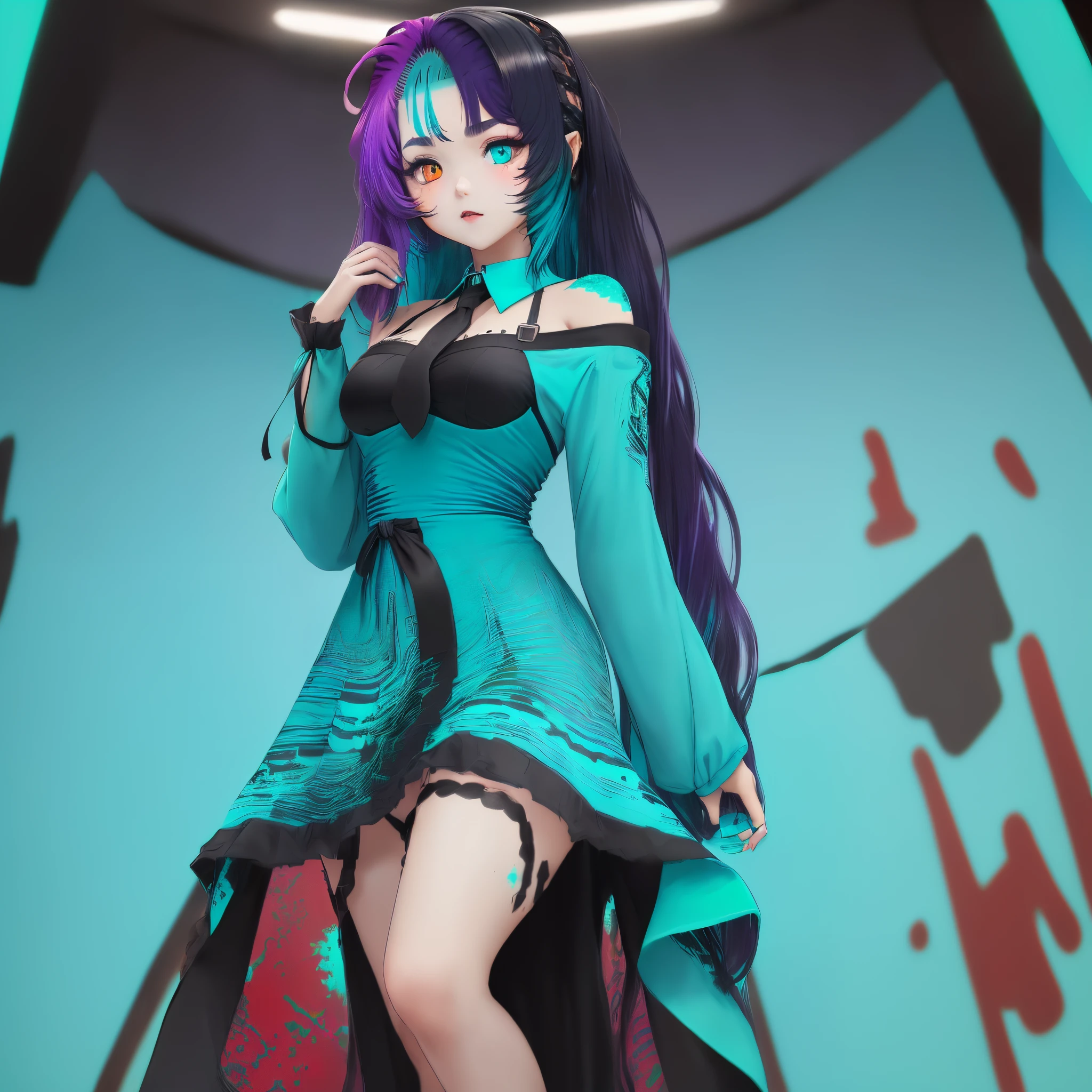 animegirl, 1 Girl, solo,((Heterochromia, Purple right eye:1.6, Red left eye)), (turquoise hair :2.0) (Straight hair), (Long hair: 1.4), (turquoise dress: 1.4), (long-sleeved dress:1.2), (Shoulder-baring
outfit)(black necktie:1.2), 
(Overall impression of the
screen is green)