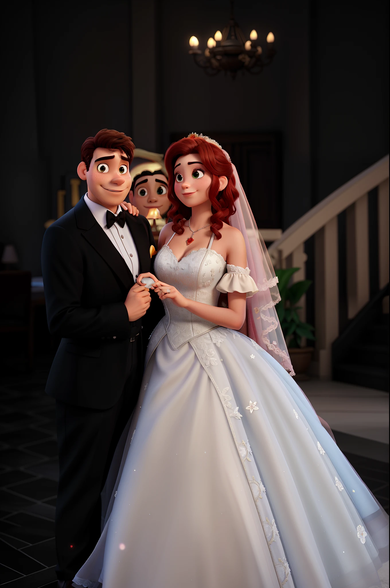 A man and a woman in formal attire pose for a photo, wedding, Cute couple, Elegant couple, portrait，(best quality,high resolution,masterpiece:1.2), Disney Pixar style couple, Extremely detailed, (Practical,photoPractical,photo-Practical:1.37), Vibrant colors, Stage lighting