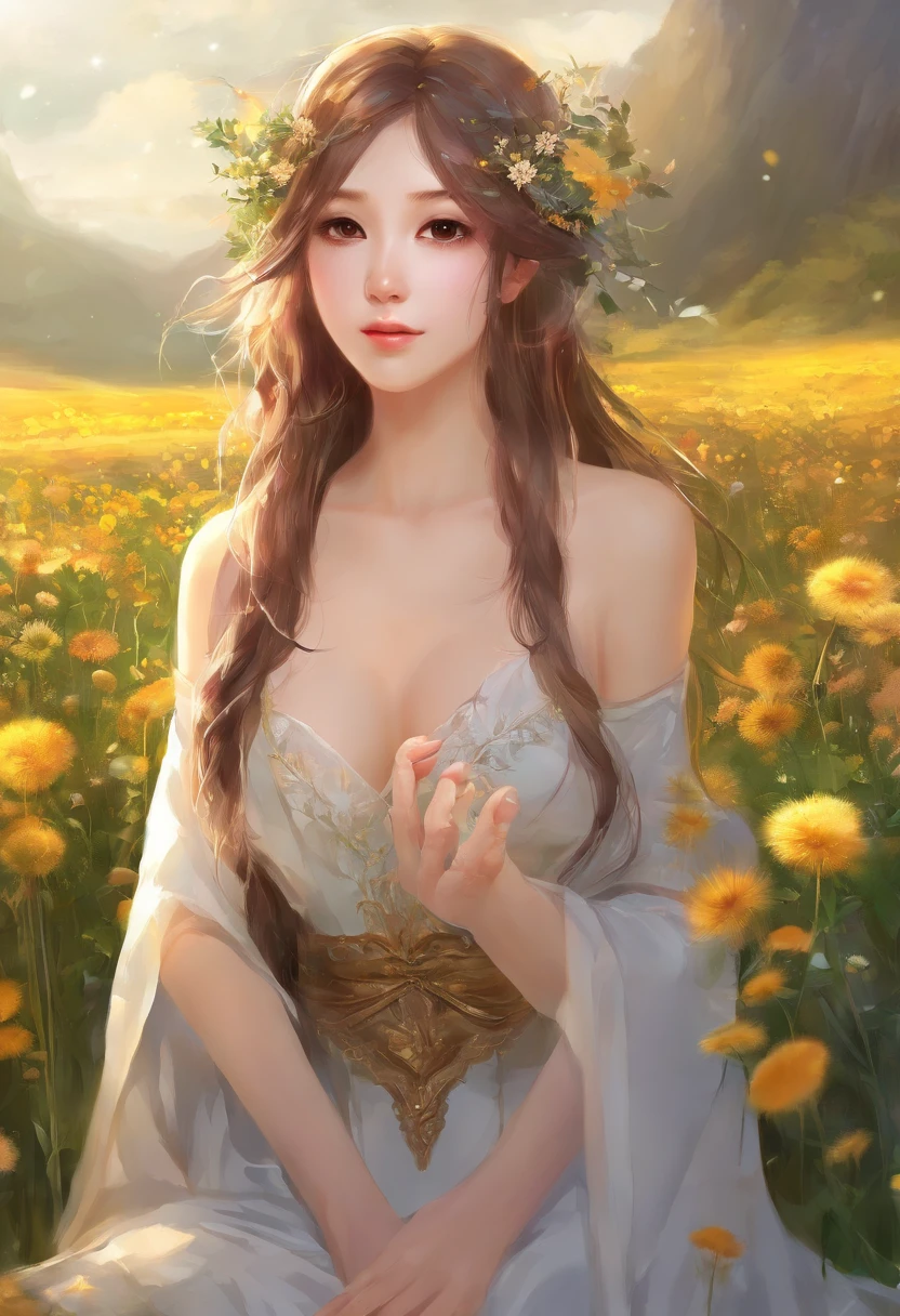 An adult girl sitting in a dandelion field，looking at the distance, tiny faeries, elvish ears, Beautiful elf ears, Long hair, High quality beautiful eyes, beauitful face, High quality face shape, Gloomy sky, thin, Wet waist, long slim figure, Model appearance, perplexed, Libido, Cute and beautiful anime woman, detailed digital anime art, Beautiful anime girls, Beautiful anime girls, Anime with small details, Best quality at best, tmasterpiece, ultra - detailed, The beautiful, A high resolution, Original,CG 8K hyper-realistic, Perfect artwork, beauitful face, face clean, The skin, hyper realisitc, ultra - detailed, 詳細な目, dramatic lights, (actual) actual, Full-HD, Best quality at best, Best quality at best, beautiful light up, (Extremely detailed CG unit 8k wallpaper), high detal, Sharp focus, The art of dramatic and realist painting, belo sorriso, can see the chest, Naked of breast, naked ass,