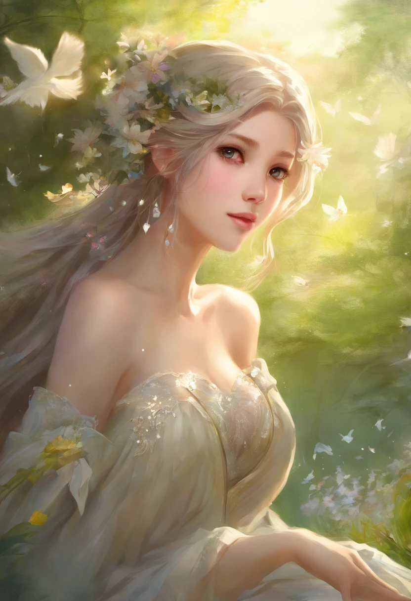An adult girl sitting in a dandelion field，looking at the distance, tiny faeries, elvish ears, Beautiful elf ears, Long hair, High quality beautiful eyes, beauitful face, High quality face shape, Gloomy sky, thin, Wet waist, long slim figure, Model appearance, perplexed, Libido, Cute and beautiful anime woman, detailed digital anime art, Beautiful anime girls, Beautiful anime girls, Anime with small details, Best quality at best, tmasterpiece, ultra - detailed, The beautiful, A high resolution, Original,CG 8K hyper-realistic, Perfect artwork, beauitful face, face clean, The skin, hyper realisitc, ultra - detailed, 詳細な目, dramatic lights, (actual) actual, Full-HD, Best quality at best, Best quality at best, beautiful light up, (Extremely detailed CG unit 8k wallpaper), high detal, Sharp focus, The art of dramatic and realist painting, belo sorriso, can see the chest, Naked of breast, naked ass,