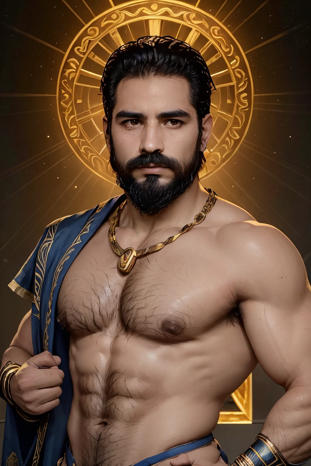 (Dios griego,masculinidad,hombre fuerte,Humano,atletic,hombre fuerte,barbado:1.1,confiado:1.1),golden ratio,Pose heroica,Aura divina,Crisp Details,Retratos,colores vibrantes,Luz dorada