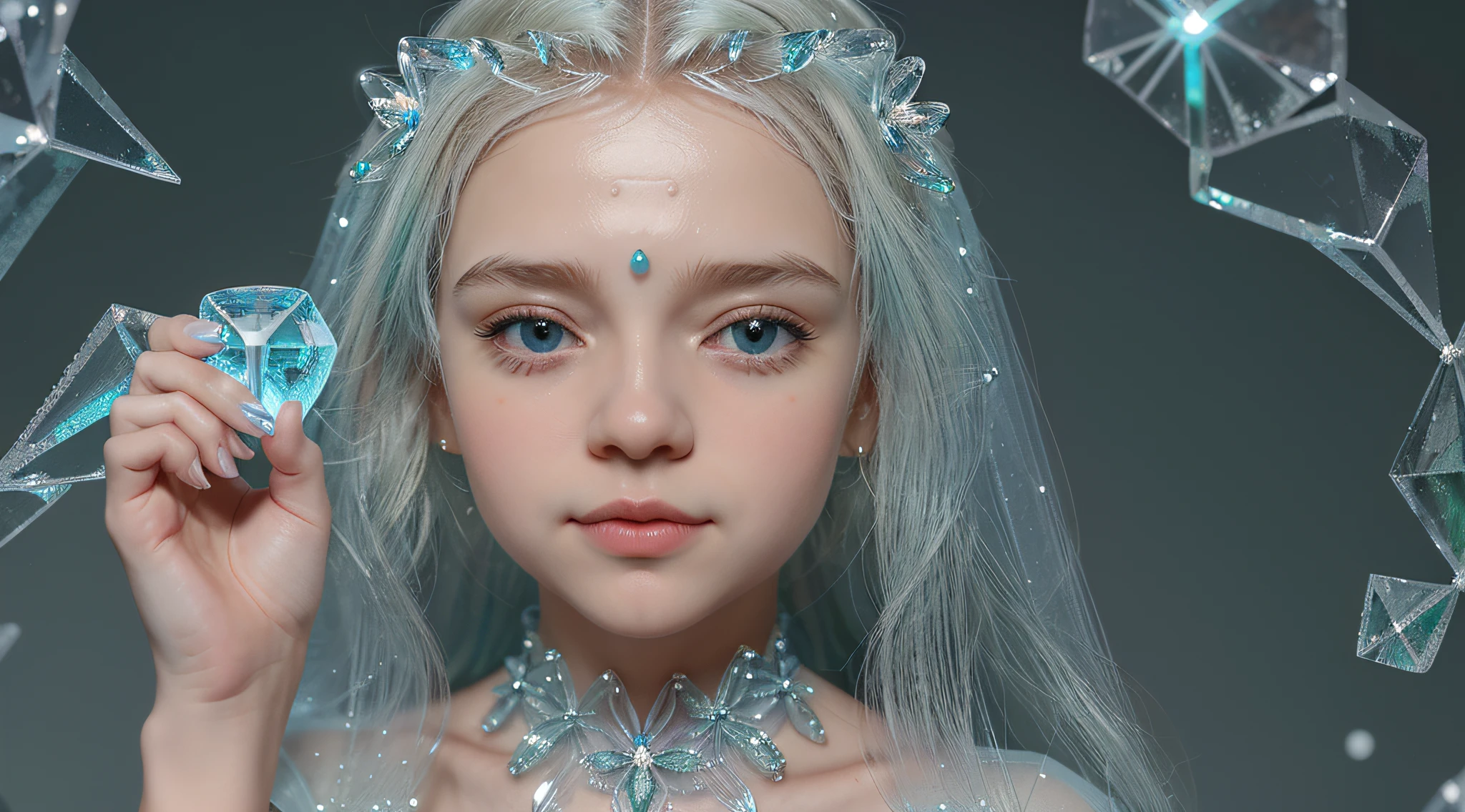 Russian blonde child girl , And a set of green and white crystals in his hands, cristais verdes brilhantes, translucent crystals, Aglomerados de cristais, cristal verde, cristais brilhantes, aquamarine, pedras preciosas muito realistas, material de cristal, cristais bonitos, cubic crystals, Esmeraldas, cristais de opala, cristais fracamente brilhantes, feito de cristais, Cristais transparentes, blue translucent resin, cristais luminosos cintilantes