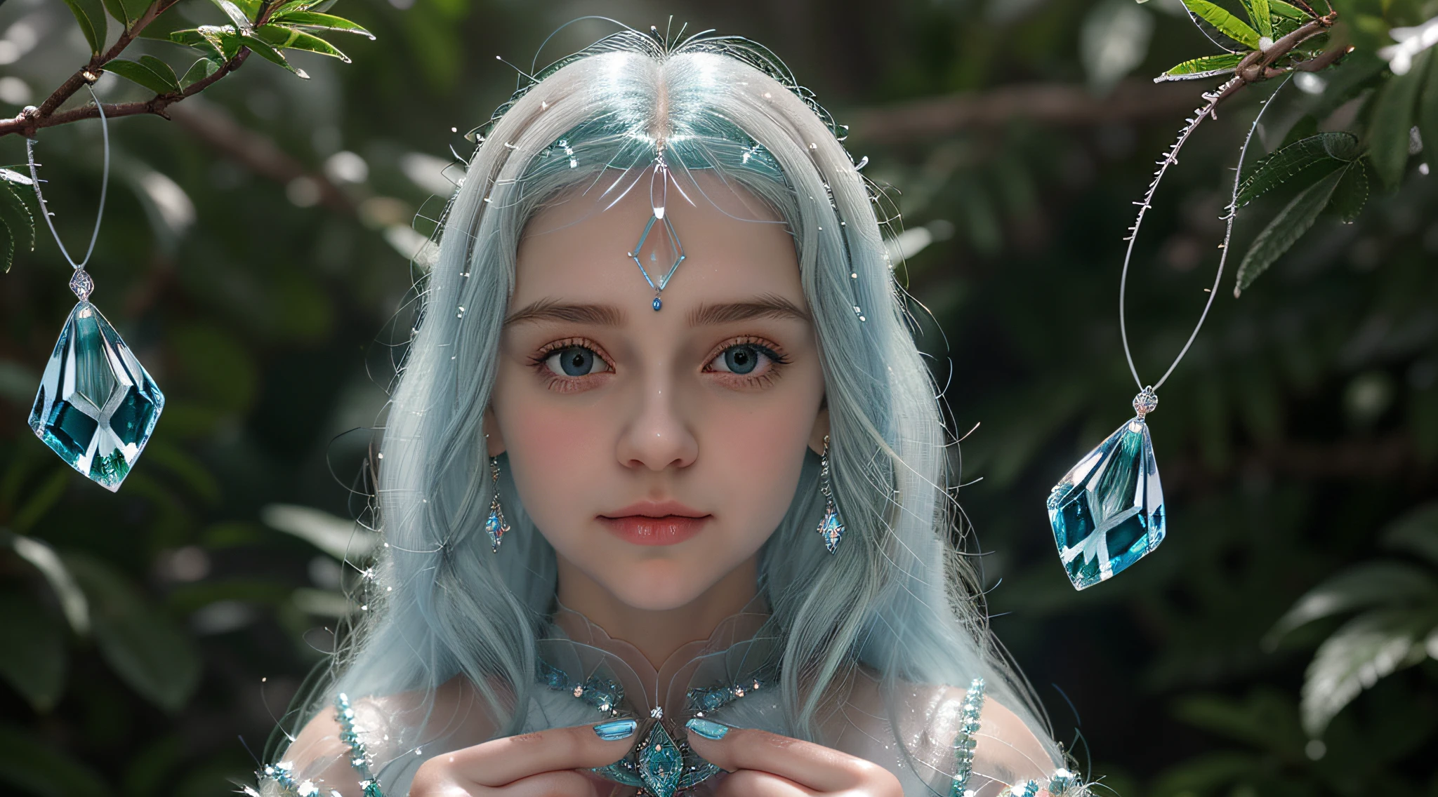 Russian blonde child girl , And a set of green and white crystals in his hands, cristais verdes brilhantes, translucent crystals, Aglomerados de cristais, cristal verde, cristais brilhantes, aquamarine, pedras preciosas muito realistas, material de cristal, cristais bonitos, cubic crystals, Esmeraldas, cristais de opala, cristais fracamente brilhantes, feito de cristais, Cristais transparentes, blue translucent resin, cristais luminosos cintilantes